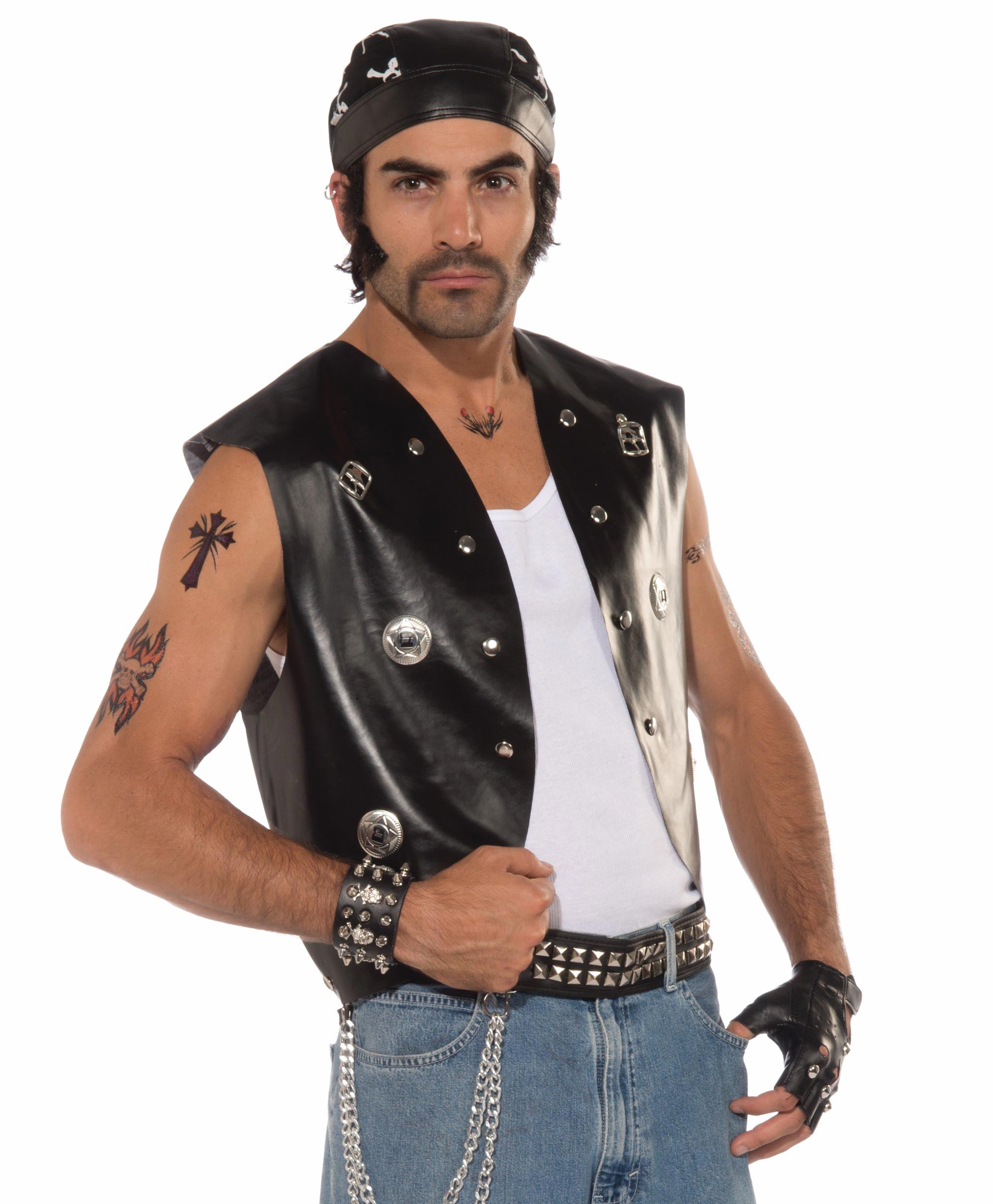 Men's Biker Costume Vest Black Faux Leather Motorcycle Gang Group