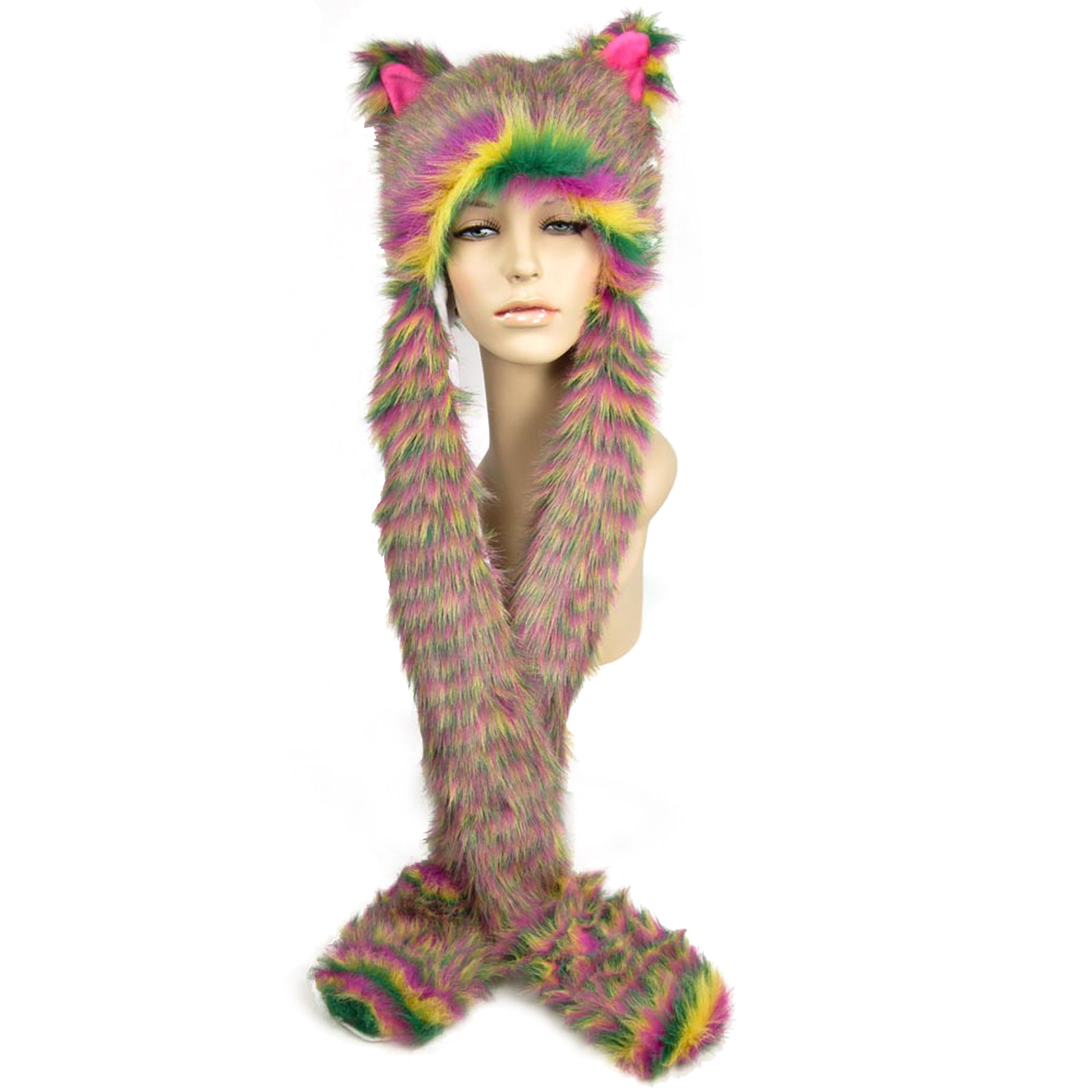 Faux Fur HOOD cat animal pockets striped TEEN gift PINK long arms HAT