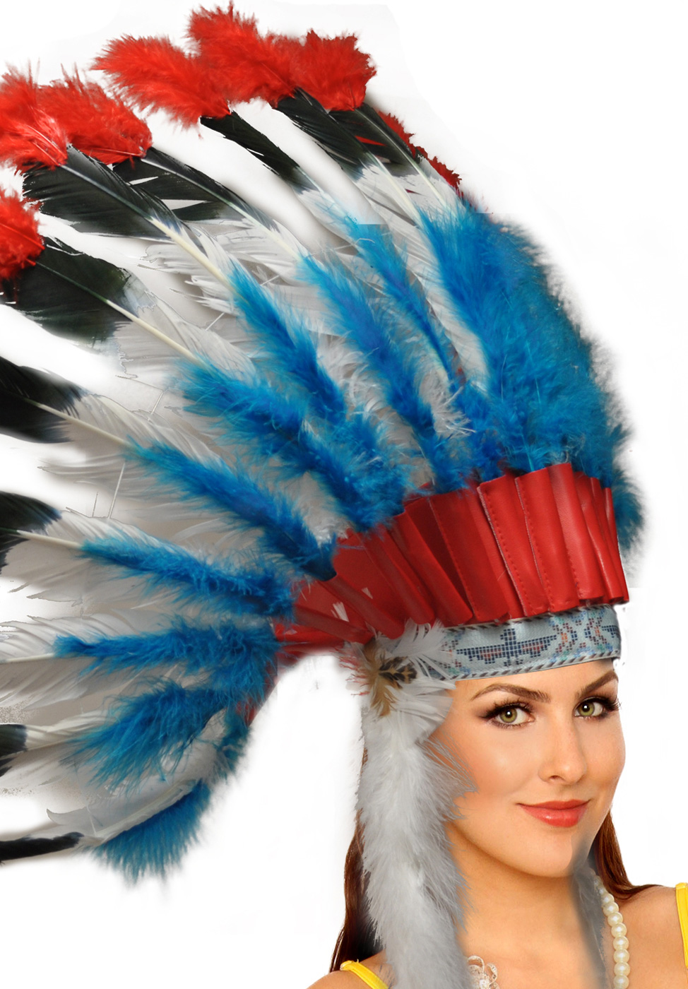 Native Ameican Indian Chief Feather Headdress Head Dress Costume Unisex Red Blue Ebay