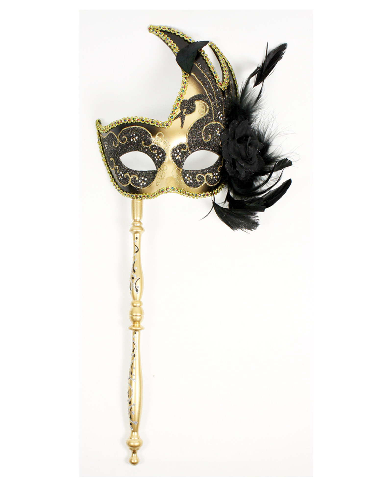 JESTER MASK with Stick Masquerade Glitter Women Gold Sun