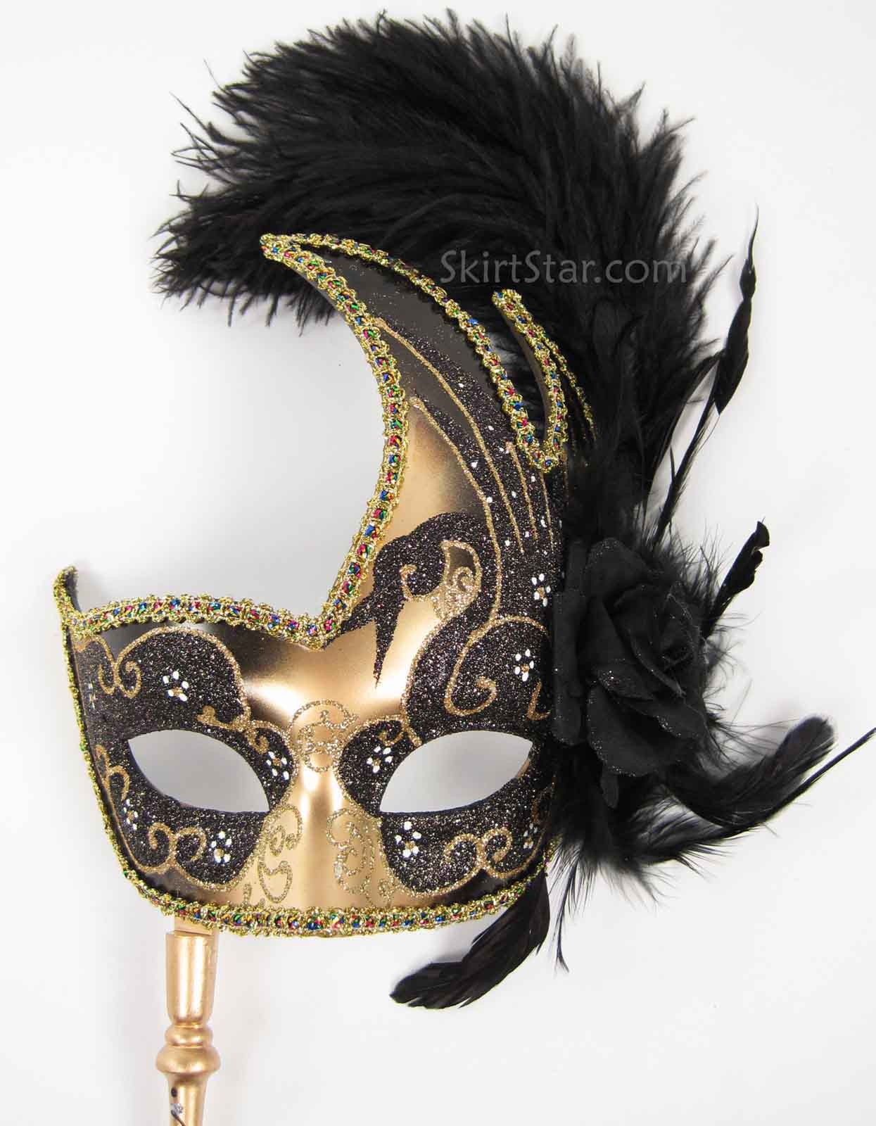 JESTER MASK with Stick Masquerade Glitter Women Gold Sun