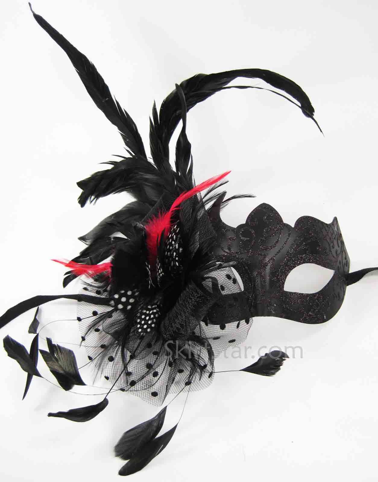 Venetian Half Face Mask Masquerade Feather Black Pink Glitter Fancy