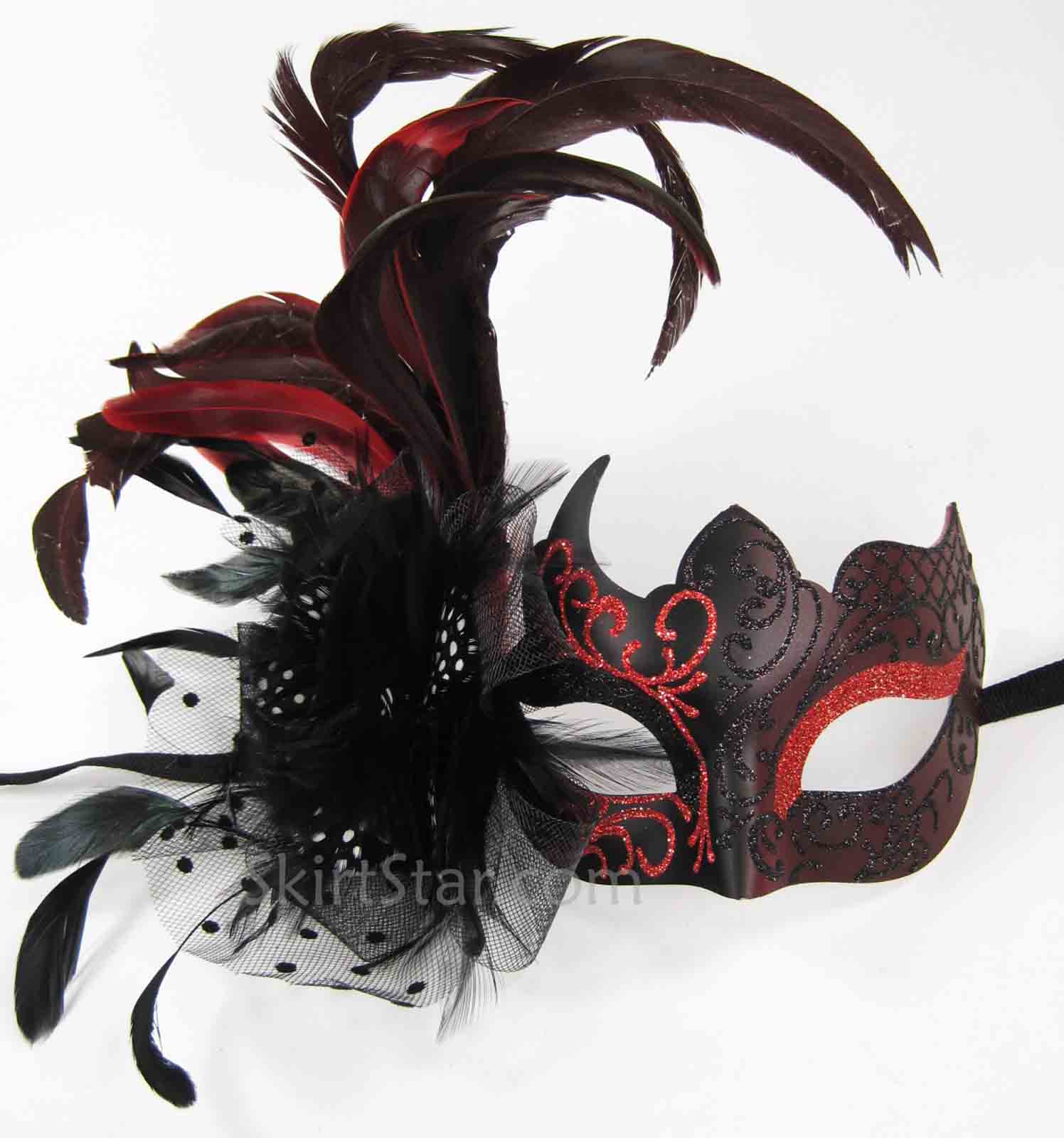 half face MASK masquerade FEATHER Black Red glitter fancy