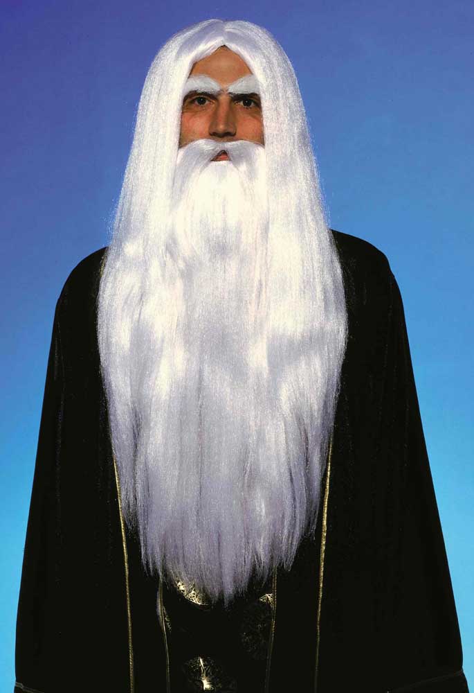 Long Merlin The Magician Wig and Beard Wizard Old Man Costume White