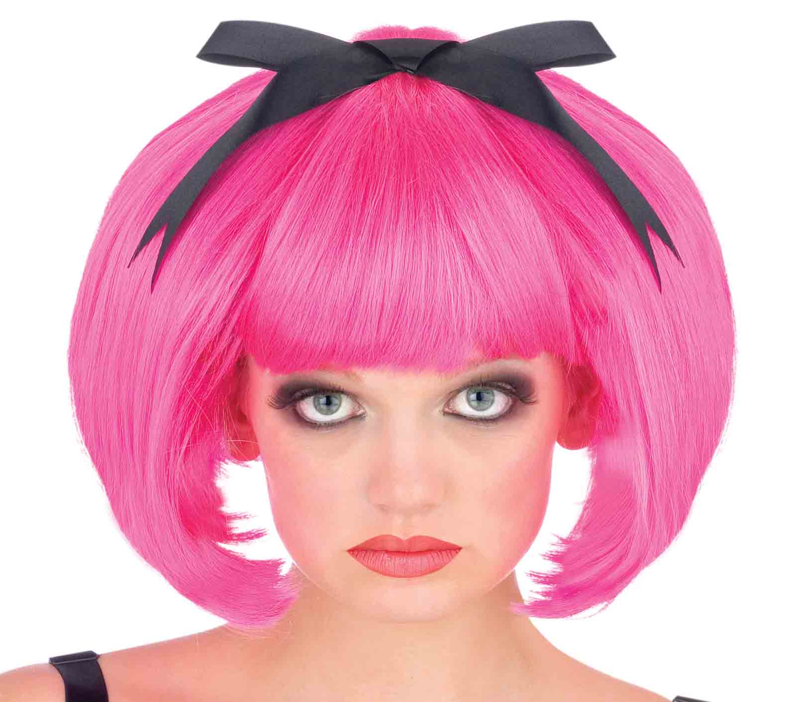 Short Hair Bob Wig With Bow Cosplay Hot Pink 