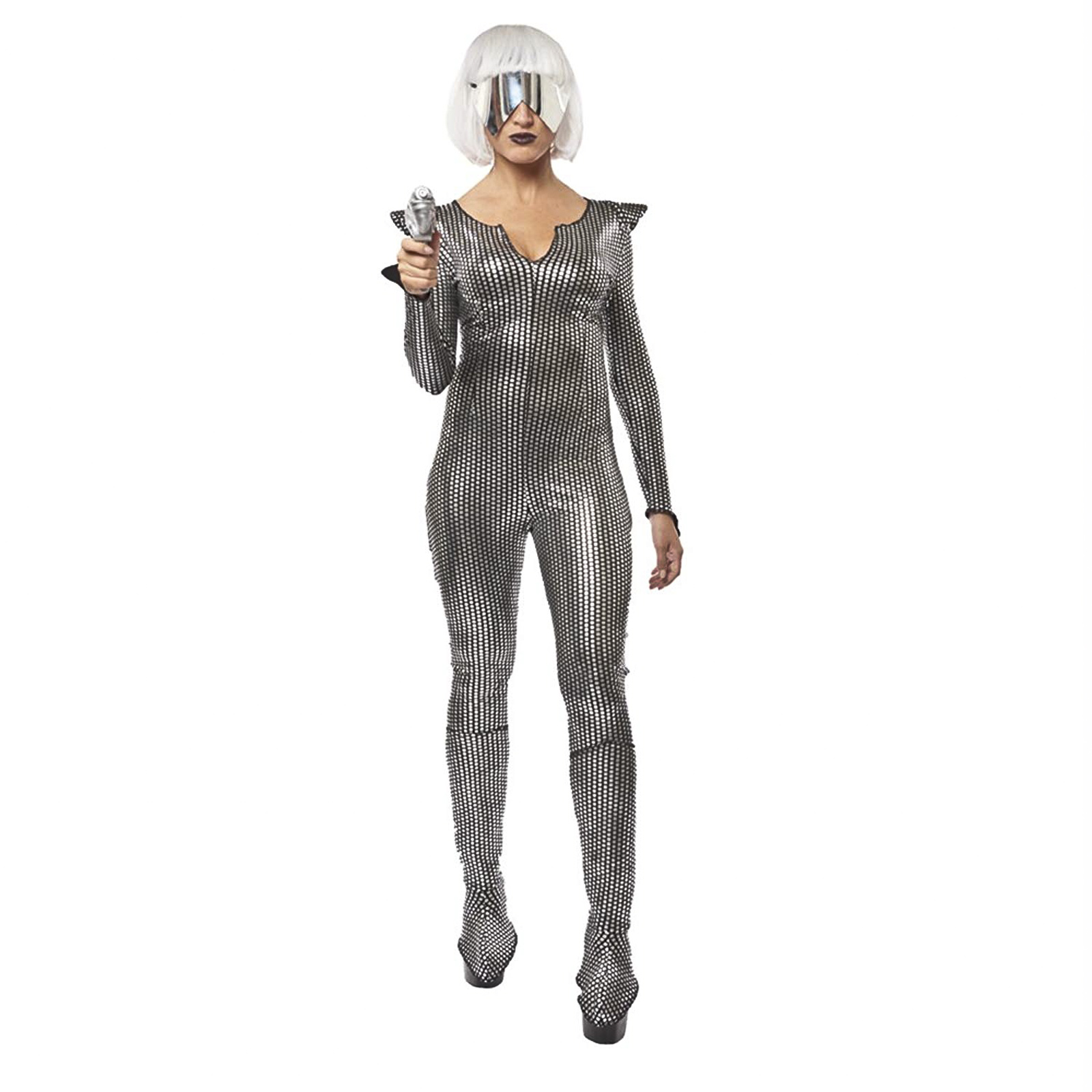 Galaxy Space Girl Sci Fi Gaga Alien Halloween Costume Silver Jumpsuit 