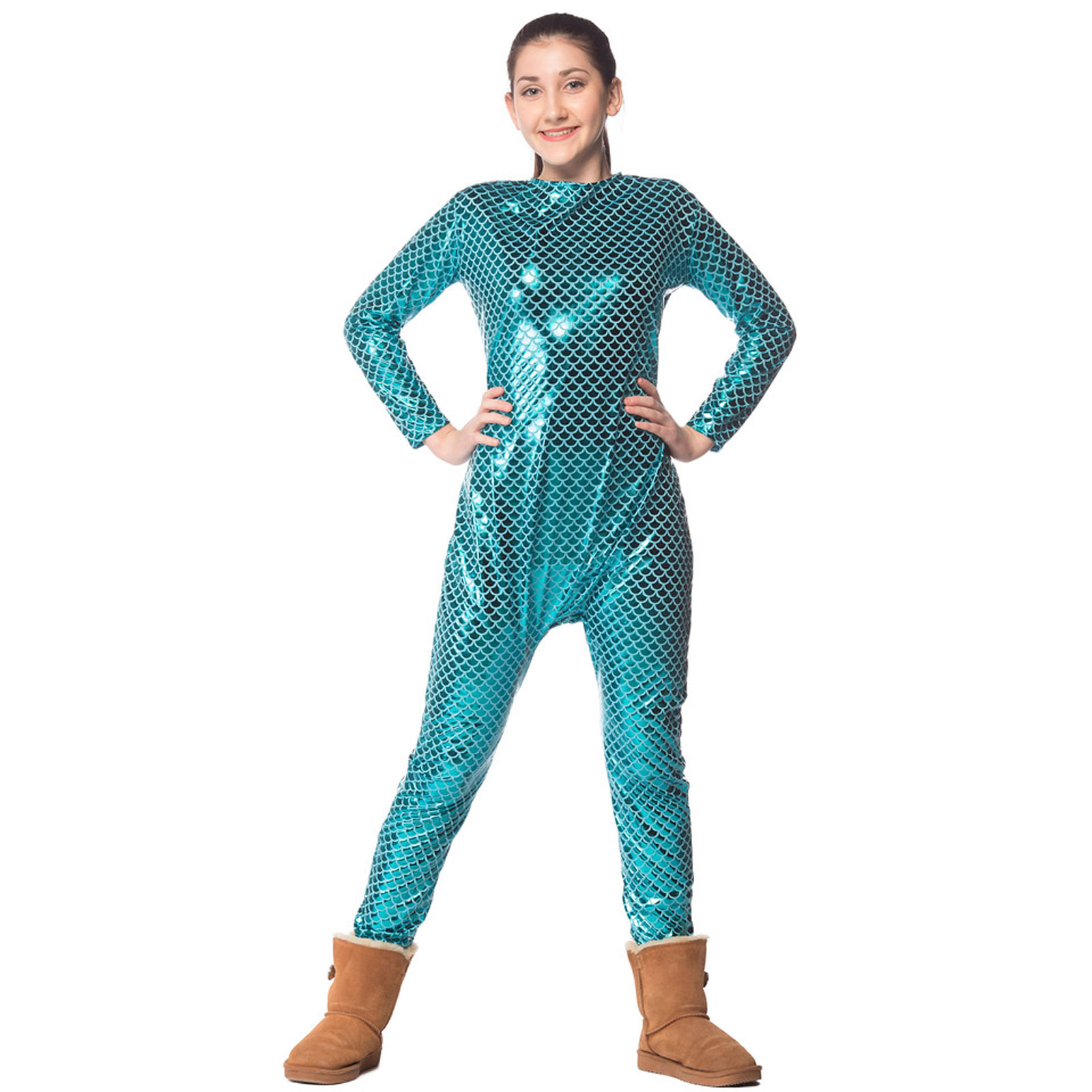 Adult Womens Iridescent Mermaid Fish Halloween Costume Blue Jumpsuit ...