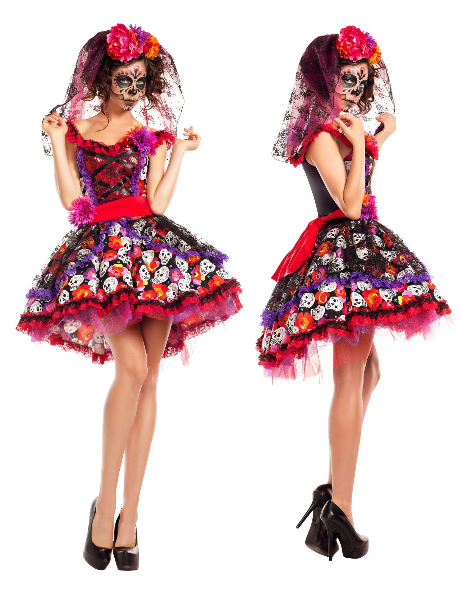 Womens Sugar Skull Senorita Adult Day Of The Dead Halloween Costume Dress Bright Ebay 