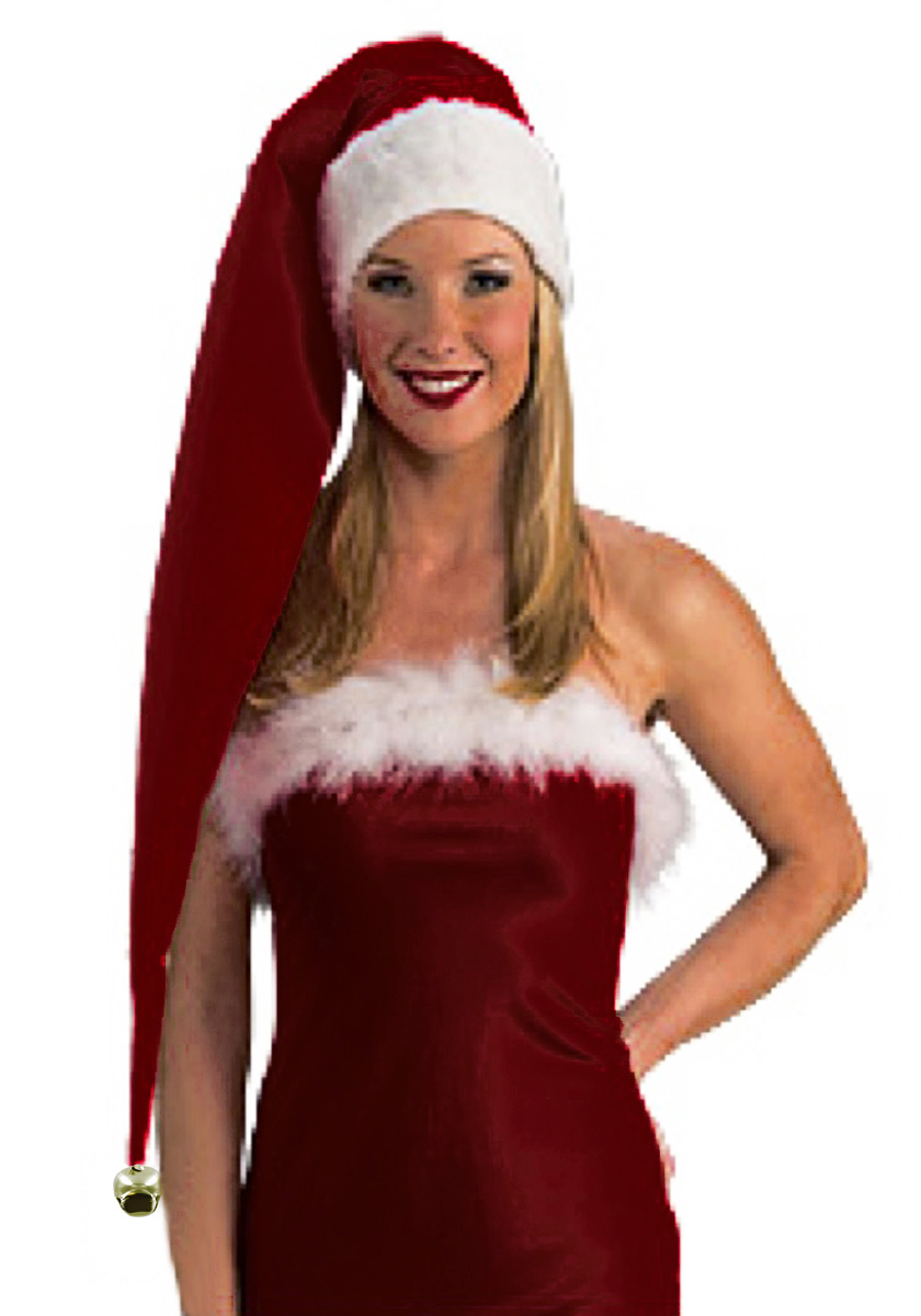 Long Santa Hat with Bell Red White Mens Womens Costume Adult Party ...
