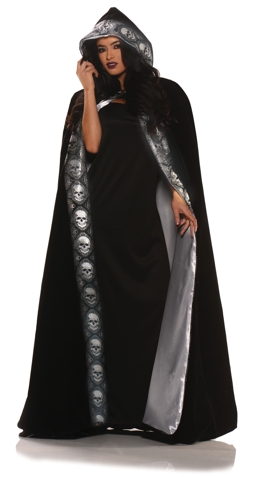 Velvet Satin Jacquard Trim Skull Skeleton Hooded Cape Cloak Black ...