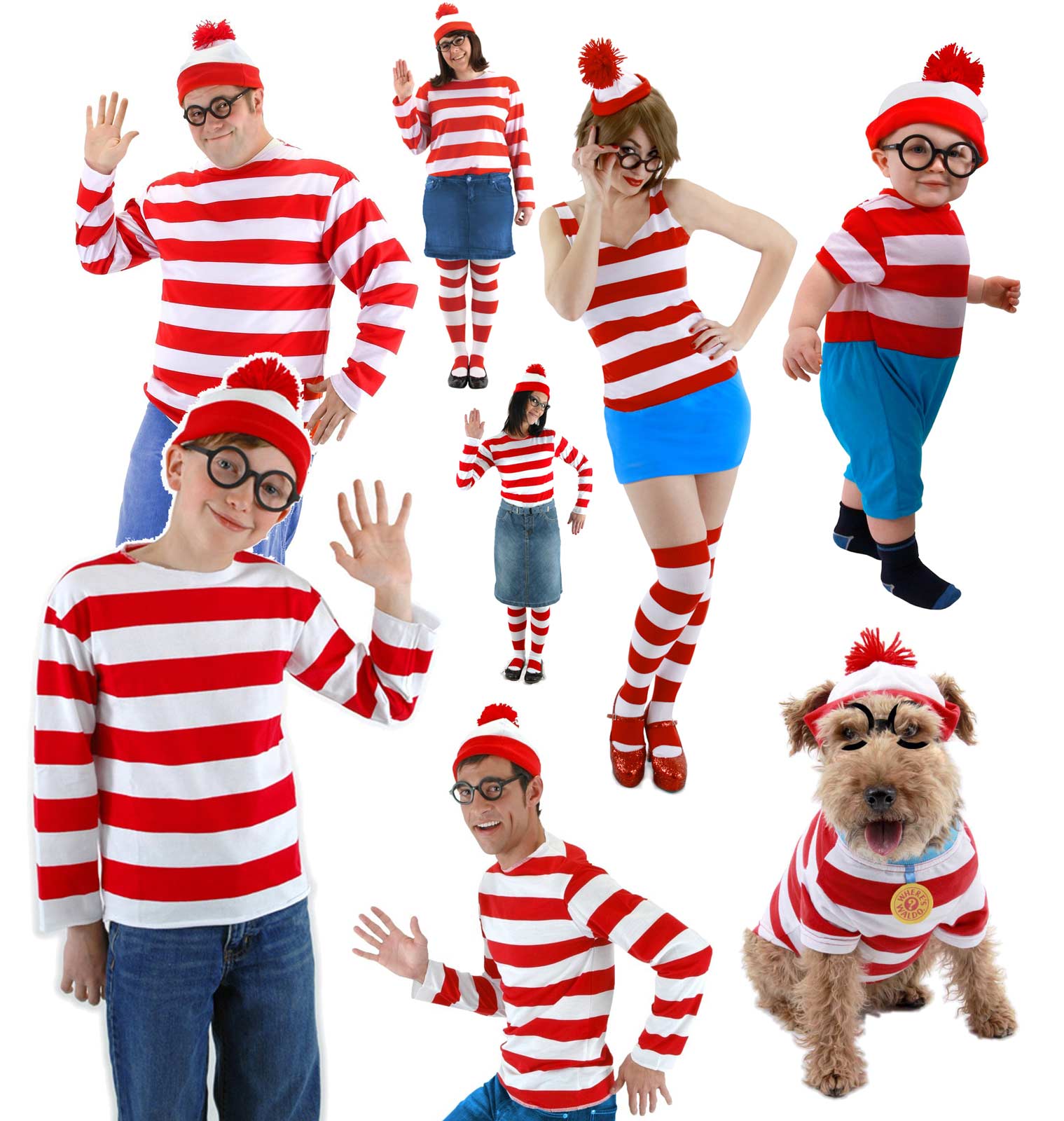 Where's Waldo Stripe Shirt Hat Glasses Adult Child Dog Baby Plus Costume Kit